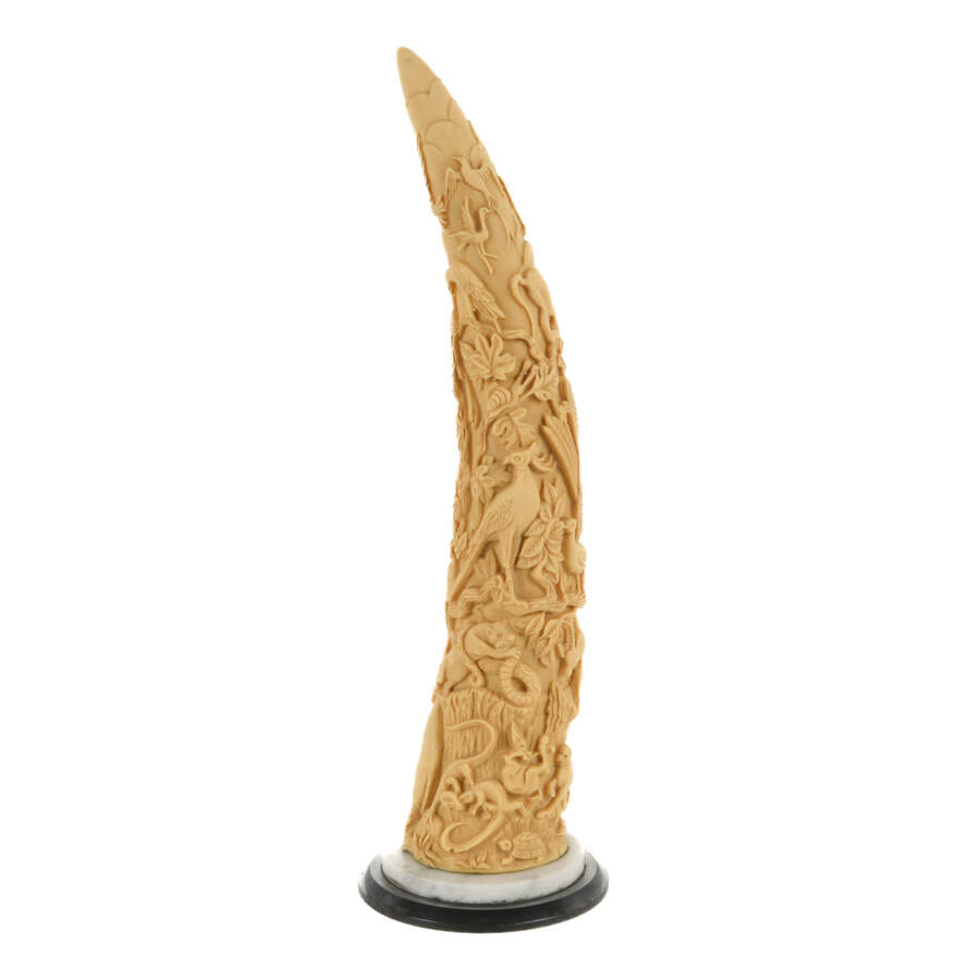 Carved Resin Faux Tusk Sculpture with Troop of Wildlife-2