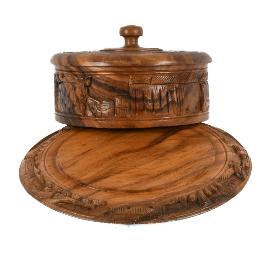 Monkey Pod Wood Carved Dome Top Landscape Cake Stand-5
