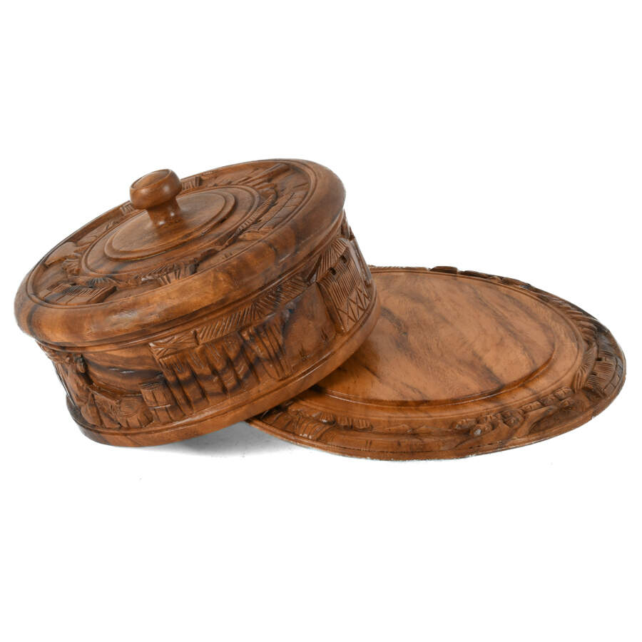 Monkey Pod Wood Carved Dome Top Landscape Cake Stand-4