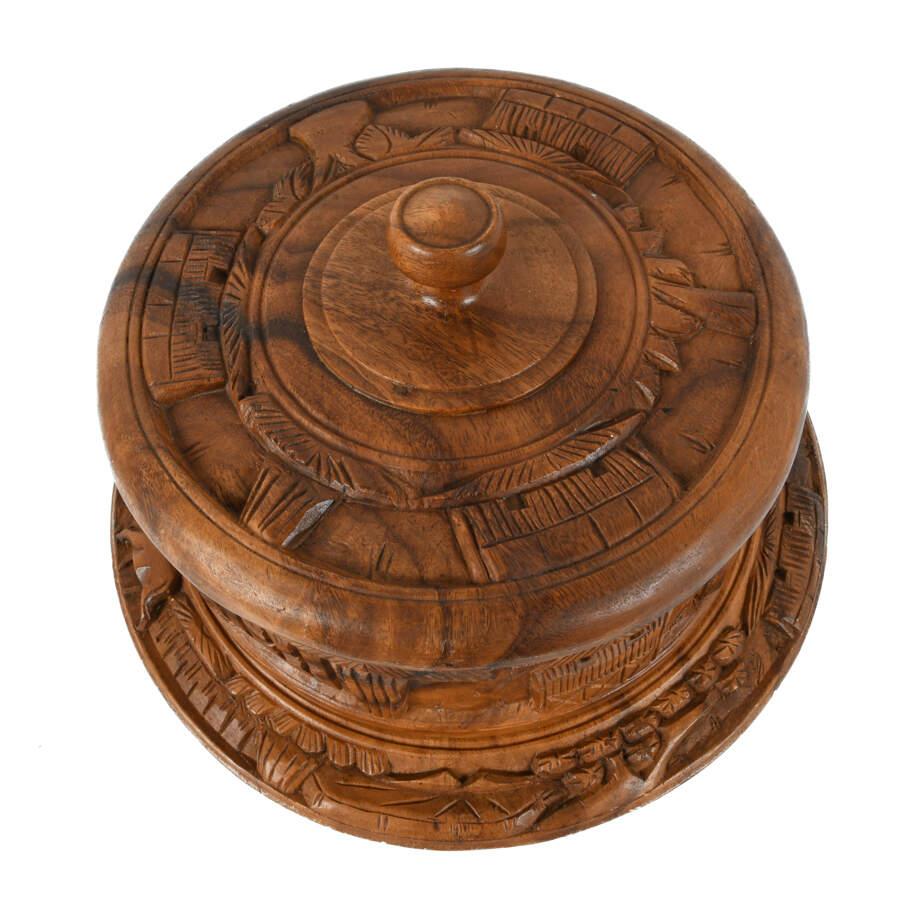 Monkey Pod Wood Carved Dome Top Landscape Cake Stand-3