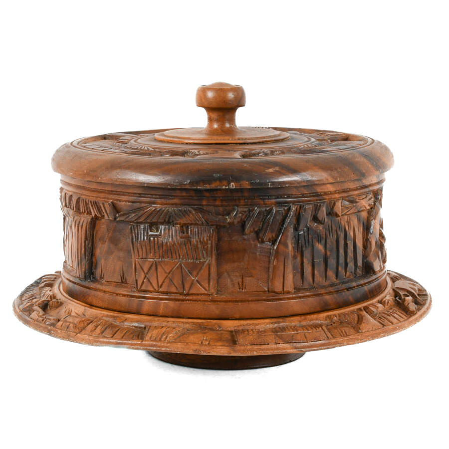 Monkey Pod Wood Carved Dome Top Landscape Cake Stand-2