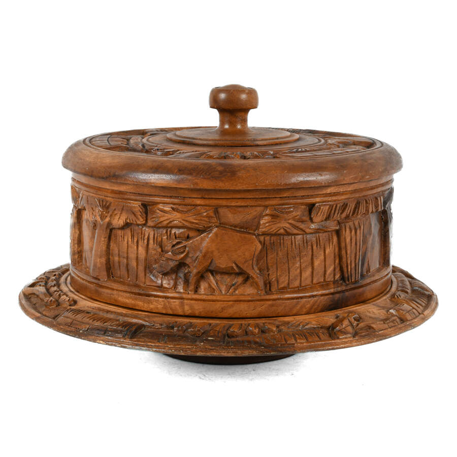 Monkey Pod Wood Carved Dome Top Landscape Cake Stand-1