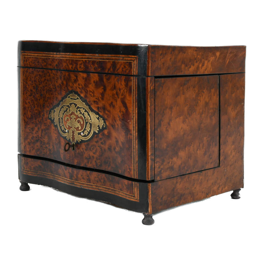 French Burlwood Liquor Tantalus Inlaid Bar with Decanters and Cordials-2