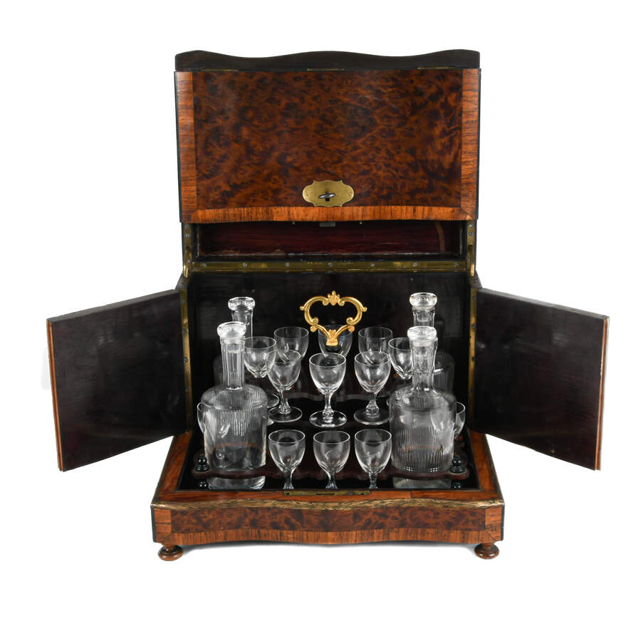 Antique French Marquetry Burlwood Liquor Tantalus with Glassware-6