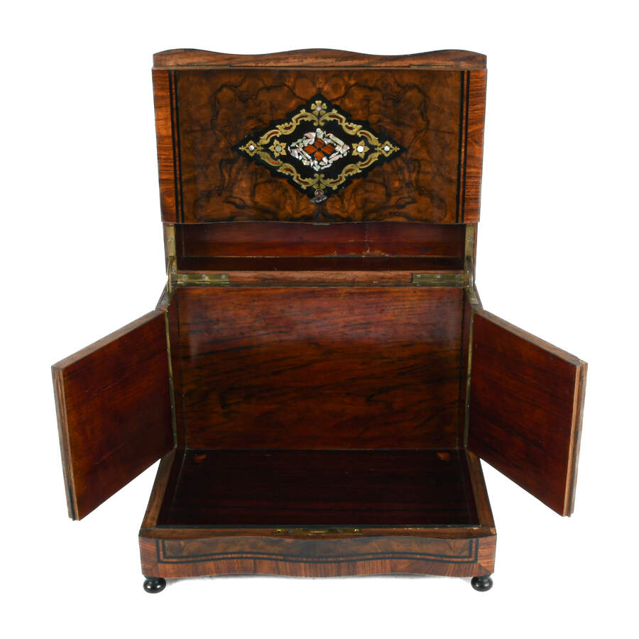 French Burlwood and Inlaid Bar with Decanters and Cordials-7