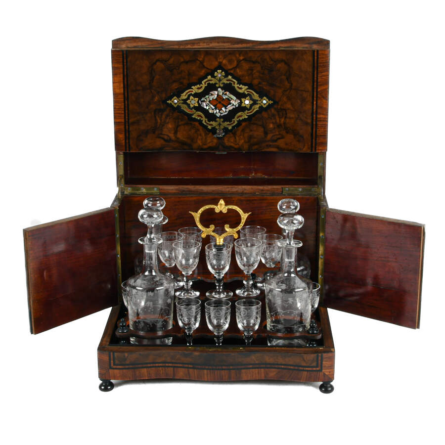 French Burlwood and Inlaid Bar with Decanters and Cordials-6