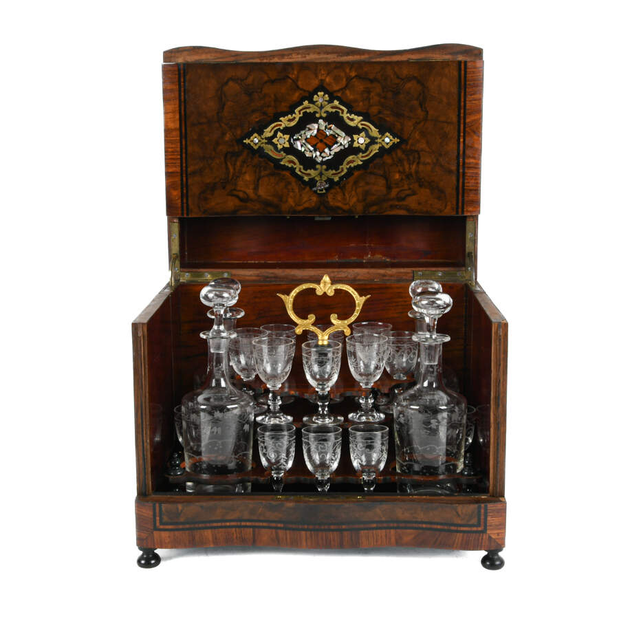 French Burlwood and Inlaid Bar with Decanters and Cordials-5