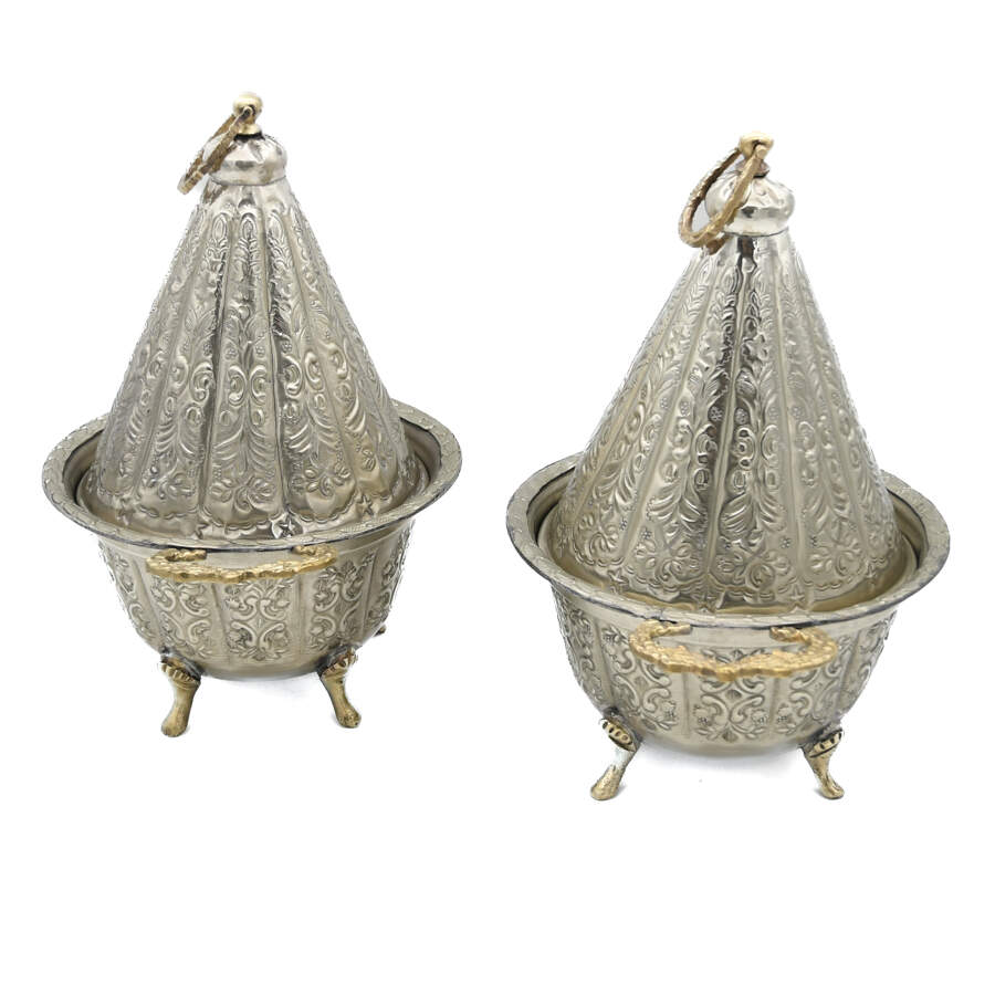 Antique Pair of Silverplate Moroccan Tagines-1