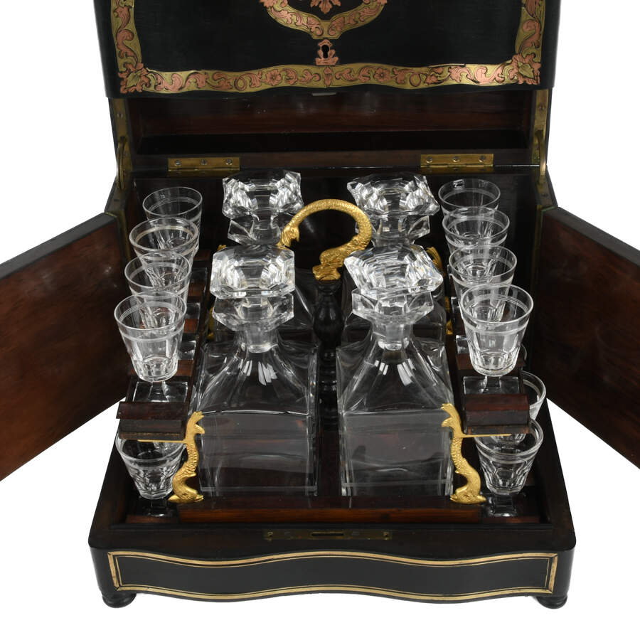 Antique 19th Century French Liquor Tantalus Ebonized and Inlaid Bar-7