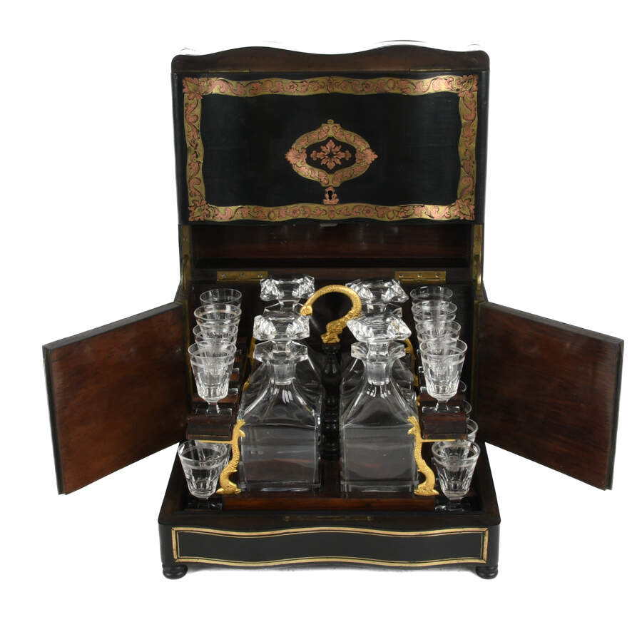 Antique 19th Century French Liquor Tantalus Ebonized and Inlaid Bar-5