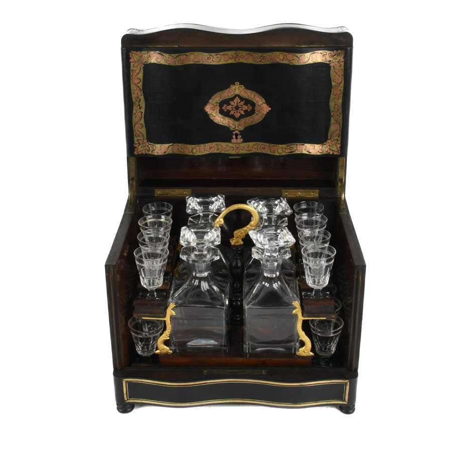 Antique 19th Century French Liquor Tantalus Ebonized and Inlaid Bar-4