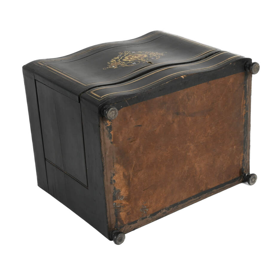 Antique Liquor Tantalus Ebonized and Inlaid Bar with Crystalware-7