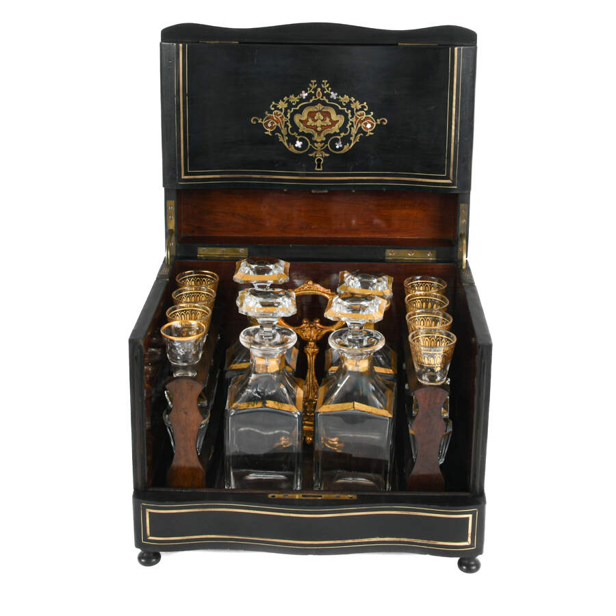 Antique Liquor Tantalus Ebonized and Inlaid Bar with Crystalware-4