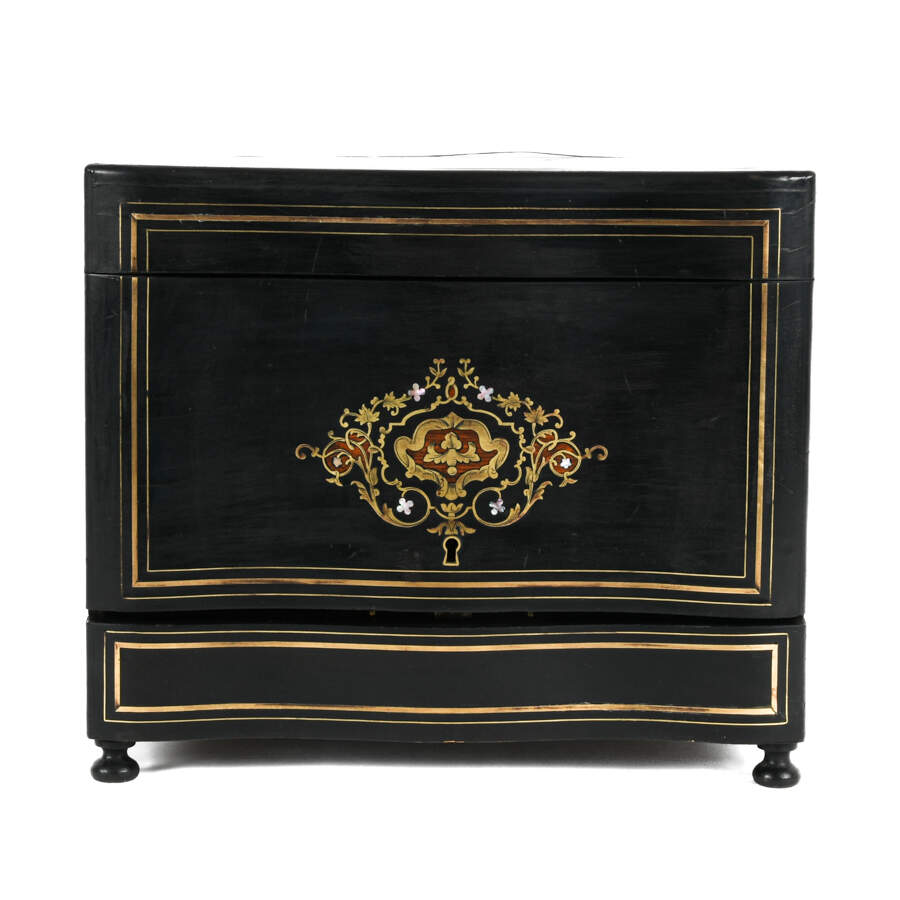 Antique Liquor Tantalus Ebonized and Inlaid Bar with Crystalware-1