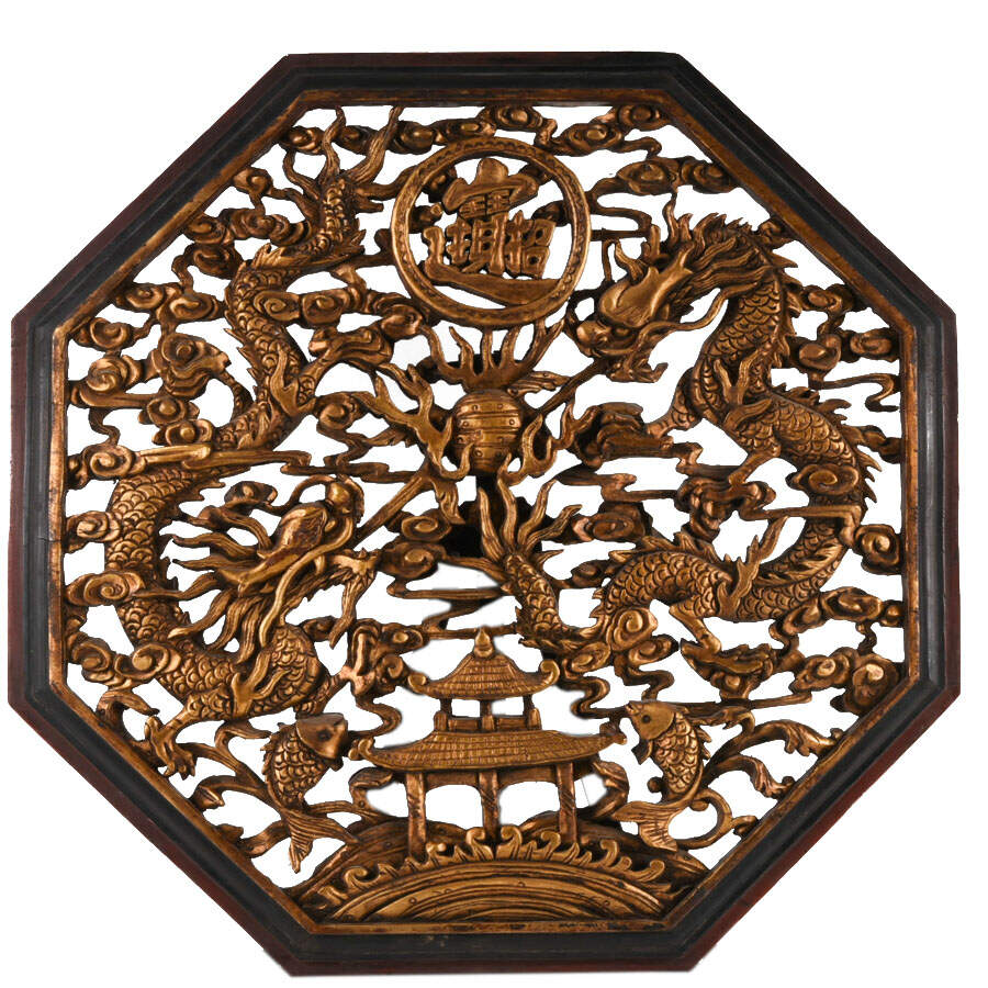 Octagon Carved Wood Asian Wall Art-1