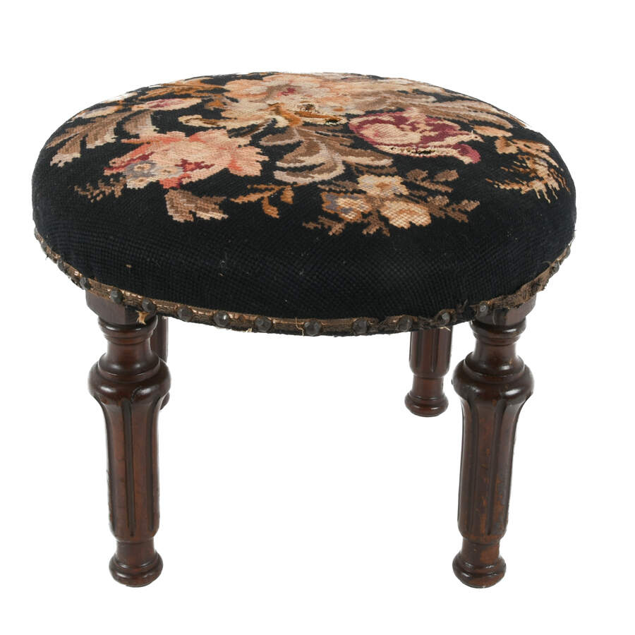 Antique 20th Century Floral Needlework Footstool-3