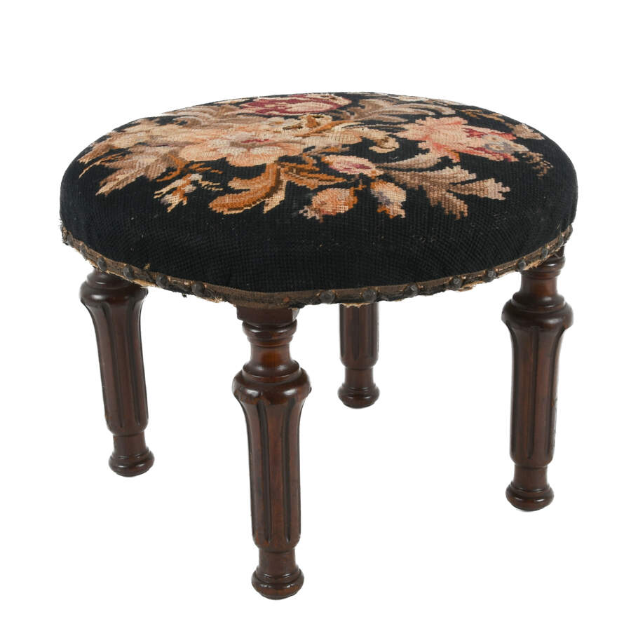 Antique 20th Century Floral Needlework Footstool-2