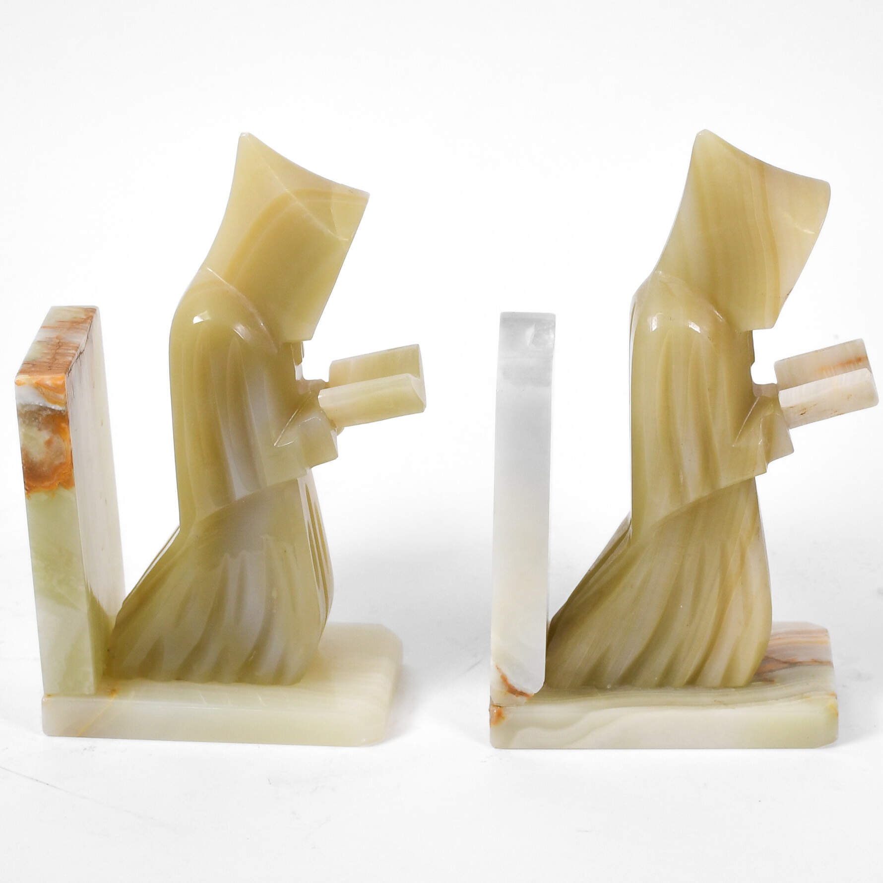 Mid-Century Modern Carved Onyx Monk Bookends-2