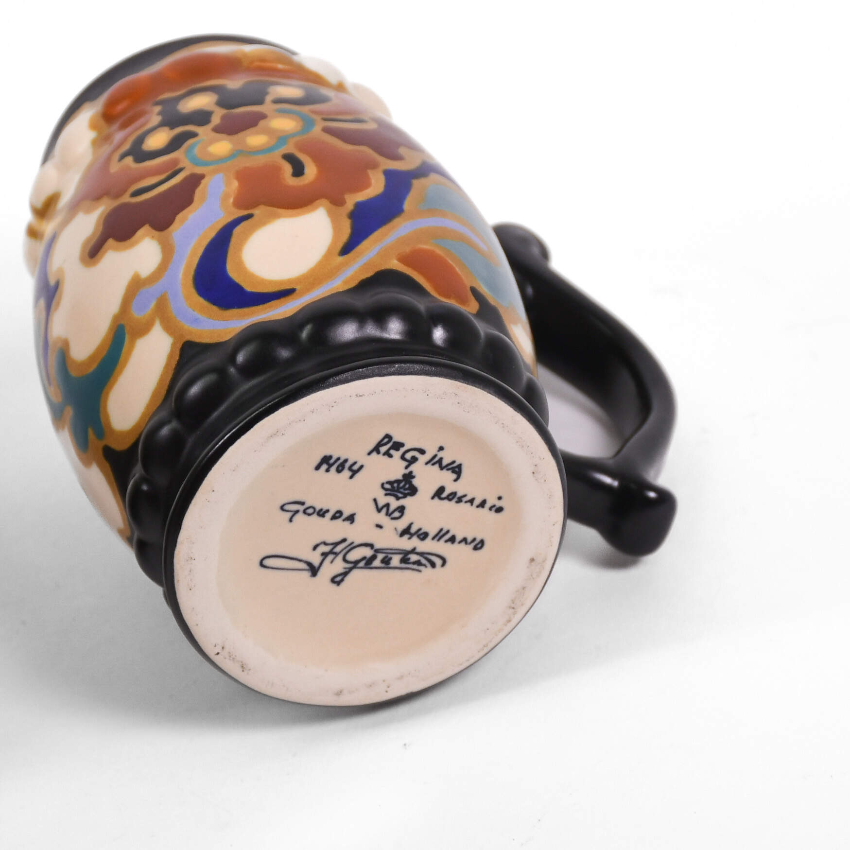 Matched Pair Hand-Painted Gouda Pottery Mugs-5