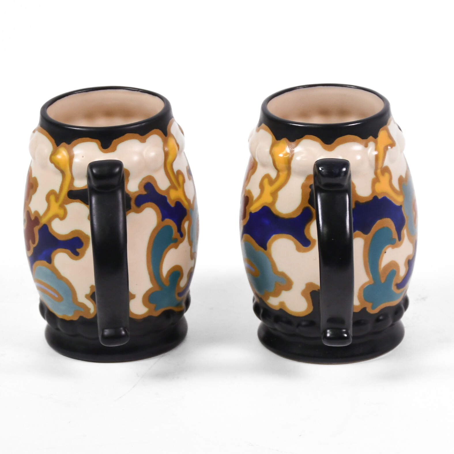 Matched Pair Hand-Painted Gouda Pottery Mugs-4