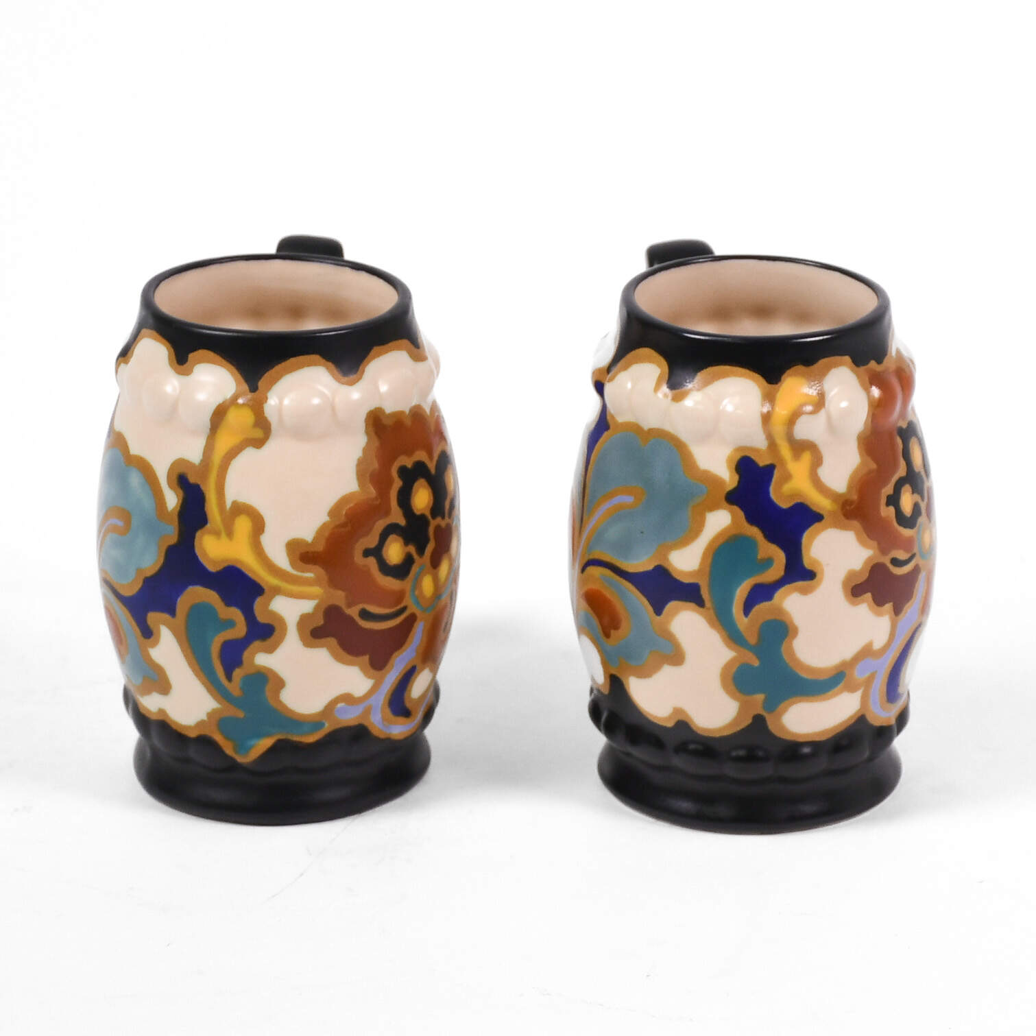 Matched Pair Hand-Painted Gouda Pottery Mugs-2