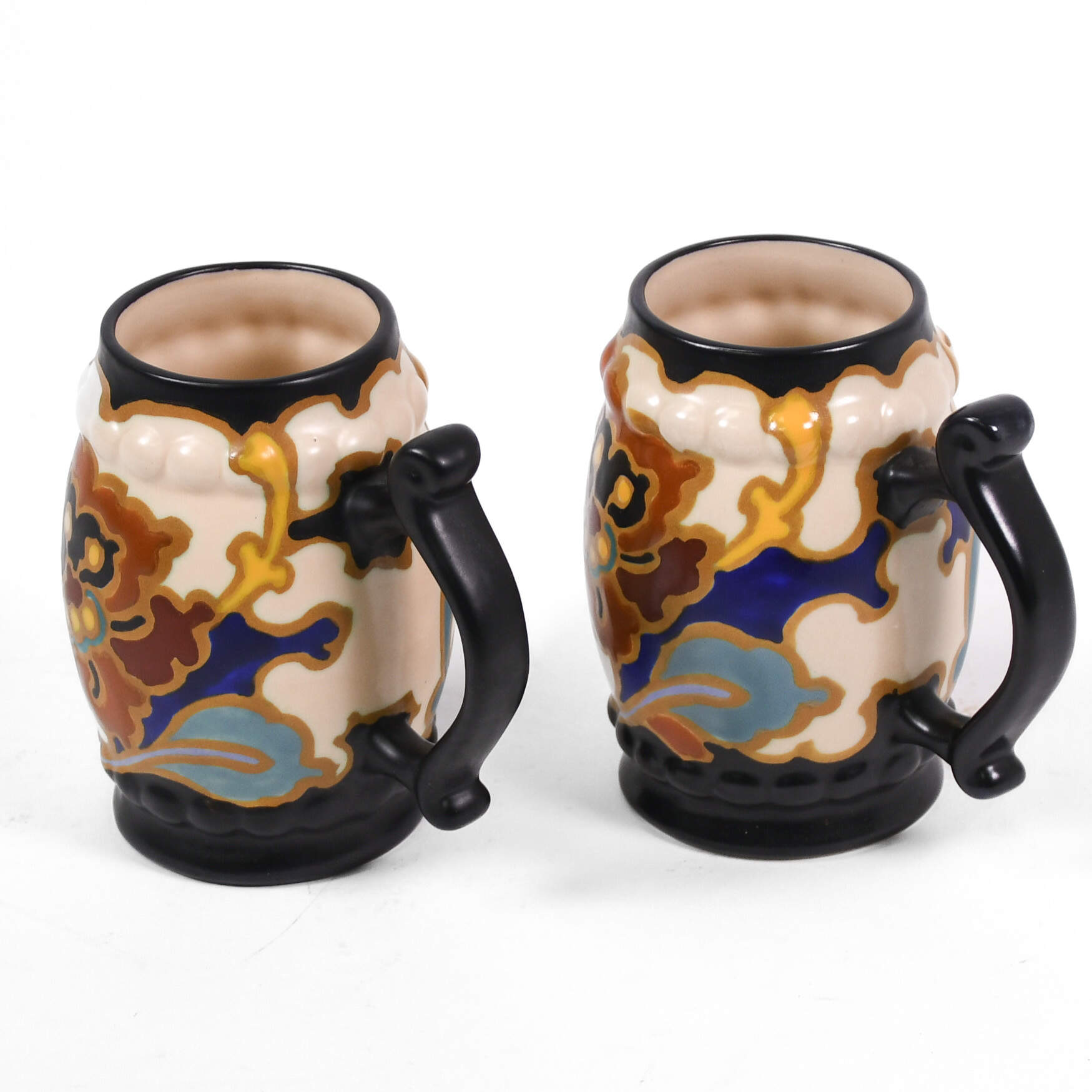 Matched Pair Hand-Painted Gouda Pottery Mugs-1