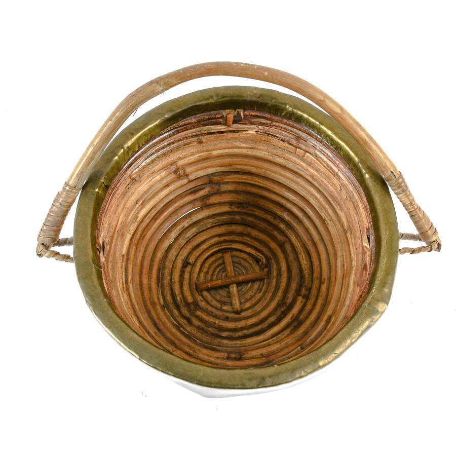 Mid-Century Modern Rattan Brass Trim Handled Basket-5
