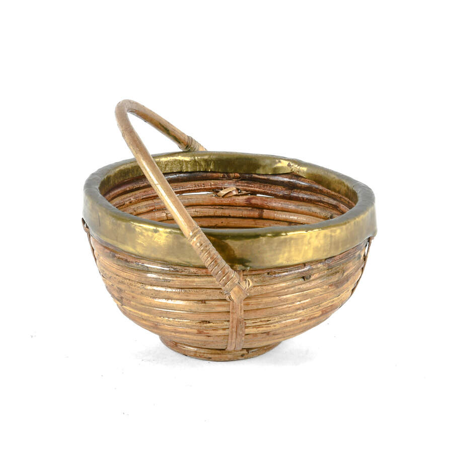 Mid-Century Modern Rattan Brass Trim Handled Basket-4