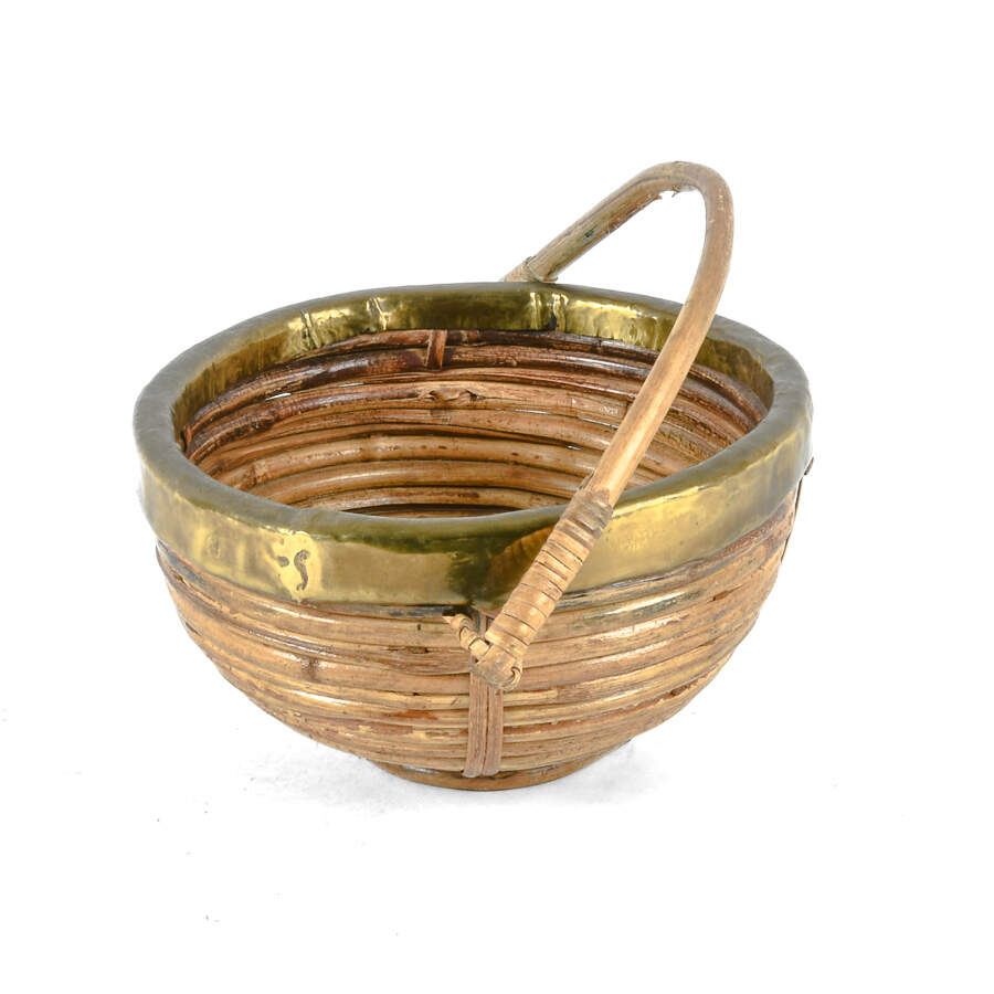 Mid-Century Modern Rattan Brass Trim Handled Basket-2