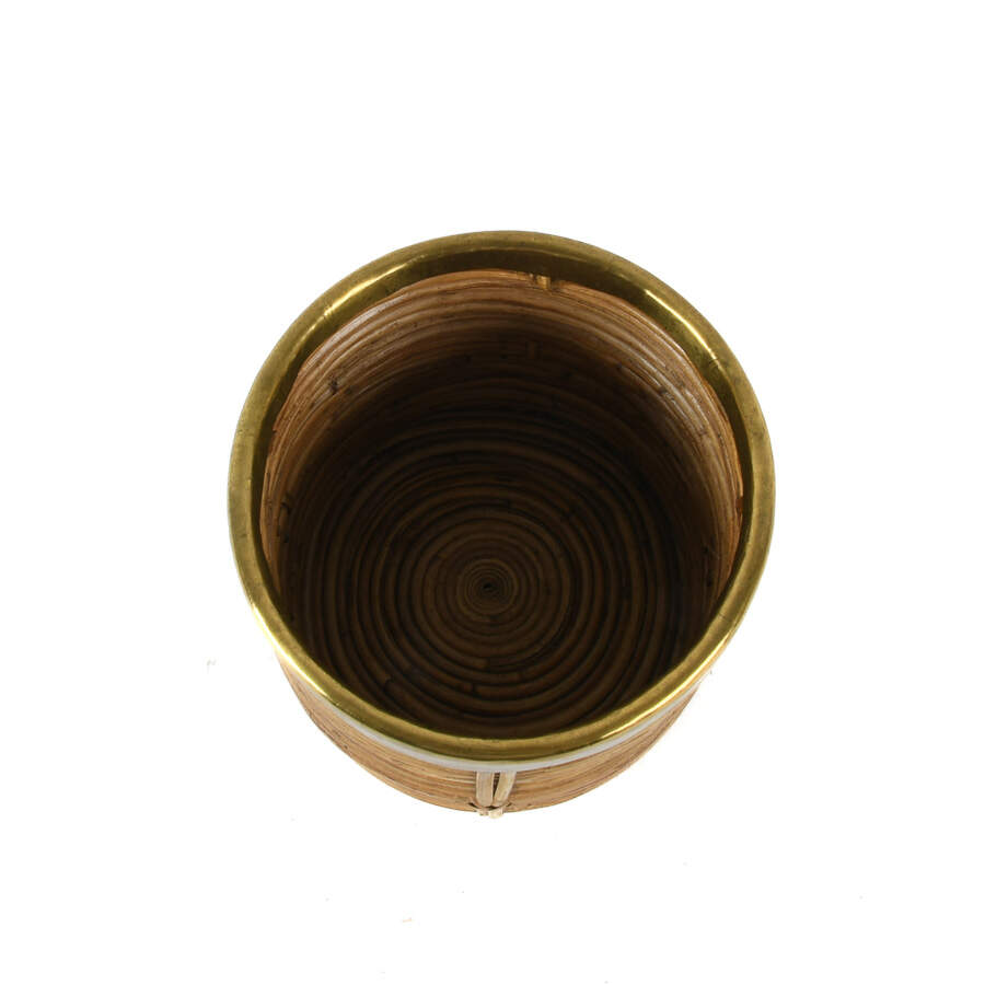 Mid-Century Modern Rattan Brass Trim Wastebasket-6