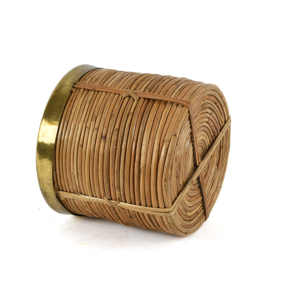 Mid-Century Modern Rattan Brass Trim Wastebasket-4