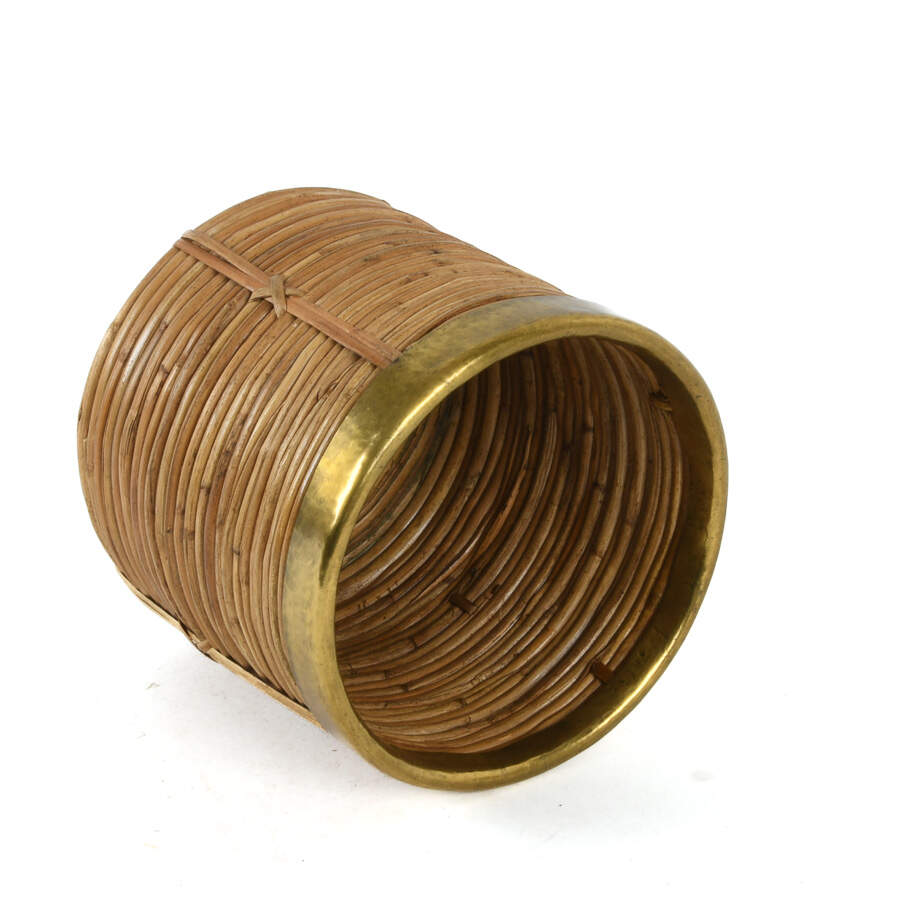Mid-Century Modern Rattan Brass Trim Wastebasket-3