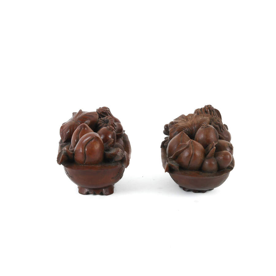 Pair of Hand-Carved Wooden Fruit and Foilage Sculptures-2