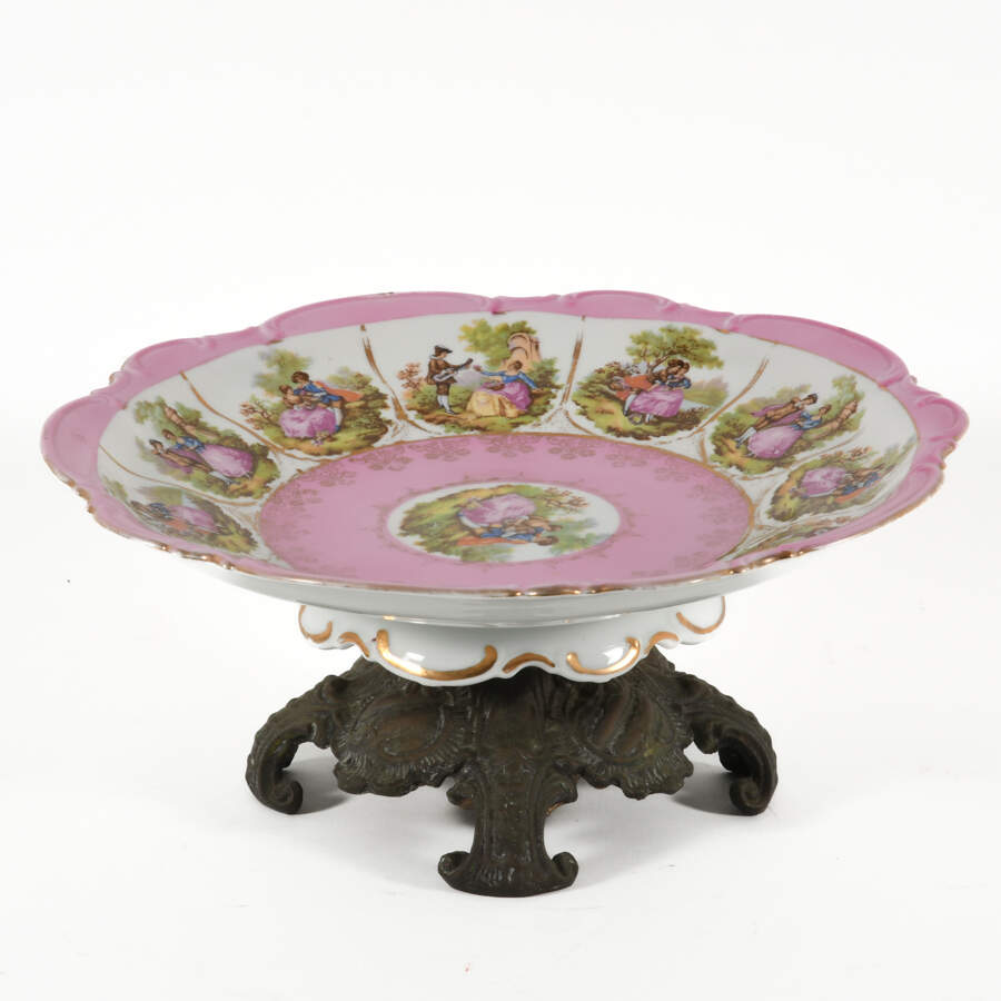 Antique Pink and White Porcelain Server on Metal Base-1
