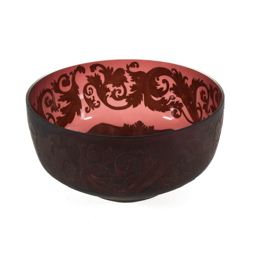 Plum Frosted Exterior and Leaf Scroll Design Bowl-1