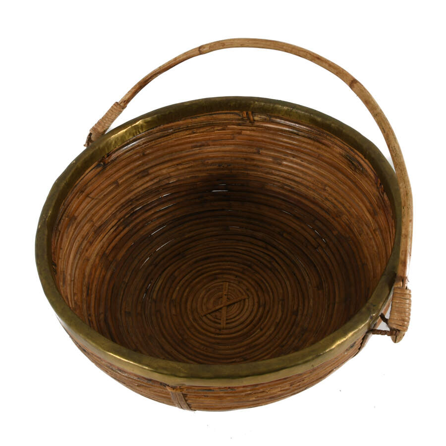 Mid-Century Modern Rattan Brass Trim Basket-5
