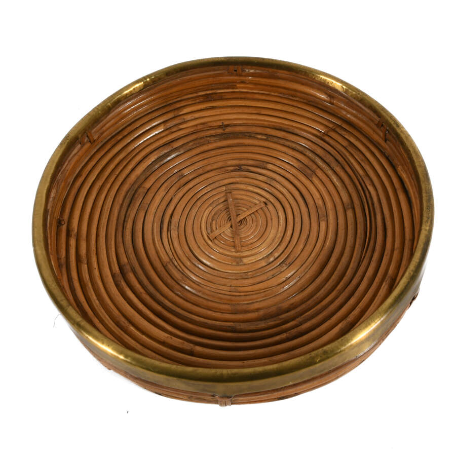 Mid-Century Modern Rattan Brass Trim Wall Basket-3