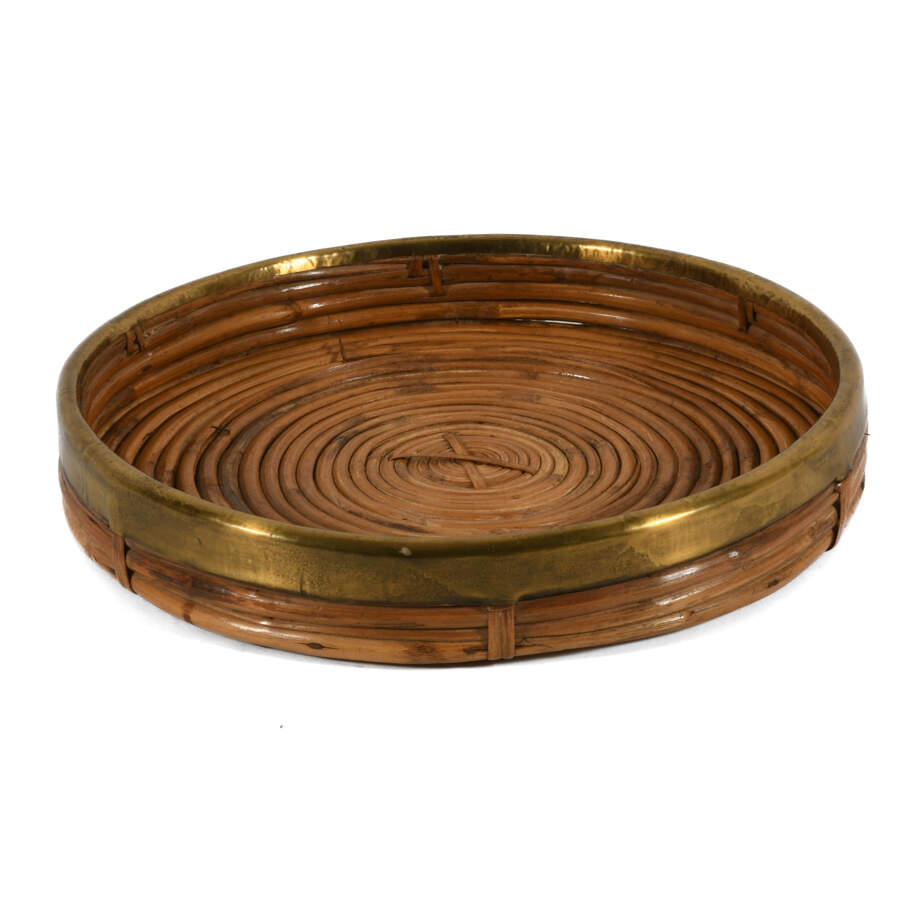 Mid-Century Modern Rattan Brass Trim Wall Basket-2