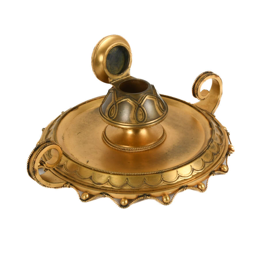 Antique French Gilt Inkwell with Hand-Painted Inset Porcelain Medallion-9