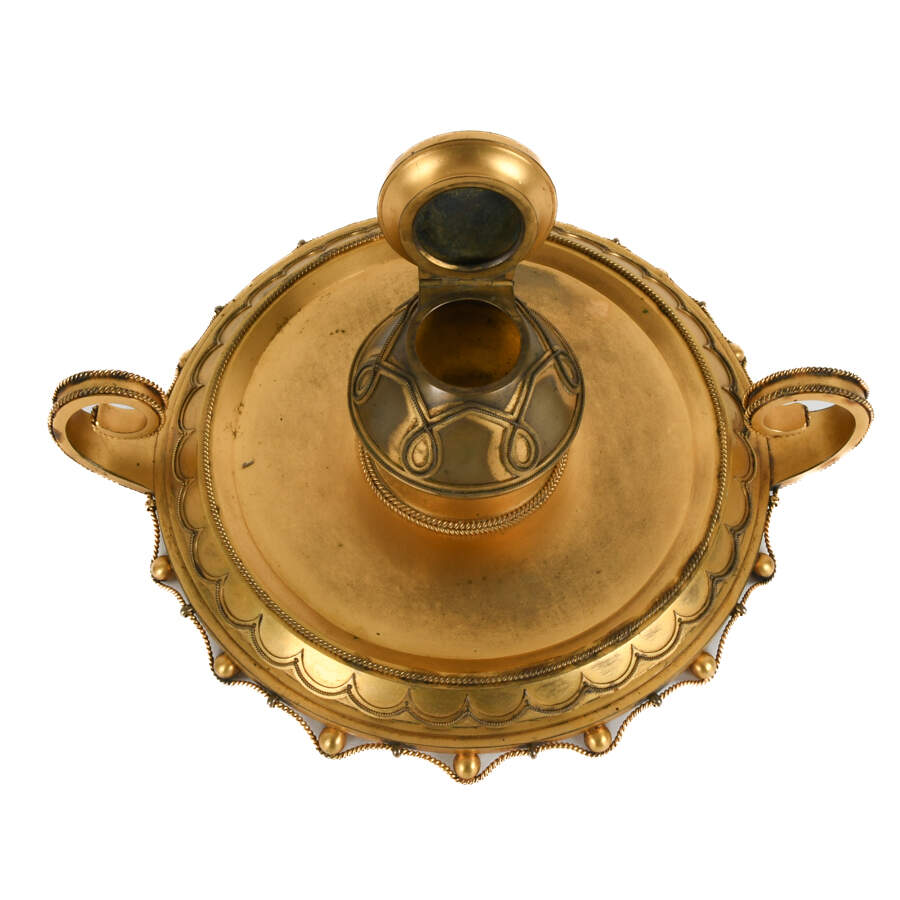 Antique French Gilt Inkwell with Hand-Painted Inset Porcelain Medallion-8