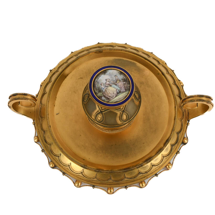 Antique French Gilt Inkwell with Hand-Painted Inset Porcelain Medallion-6