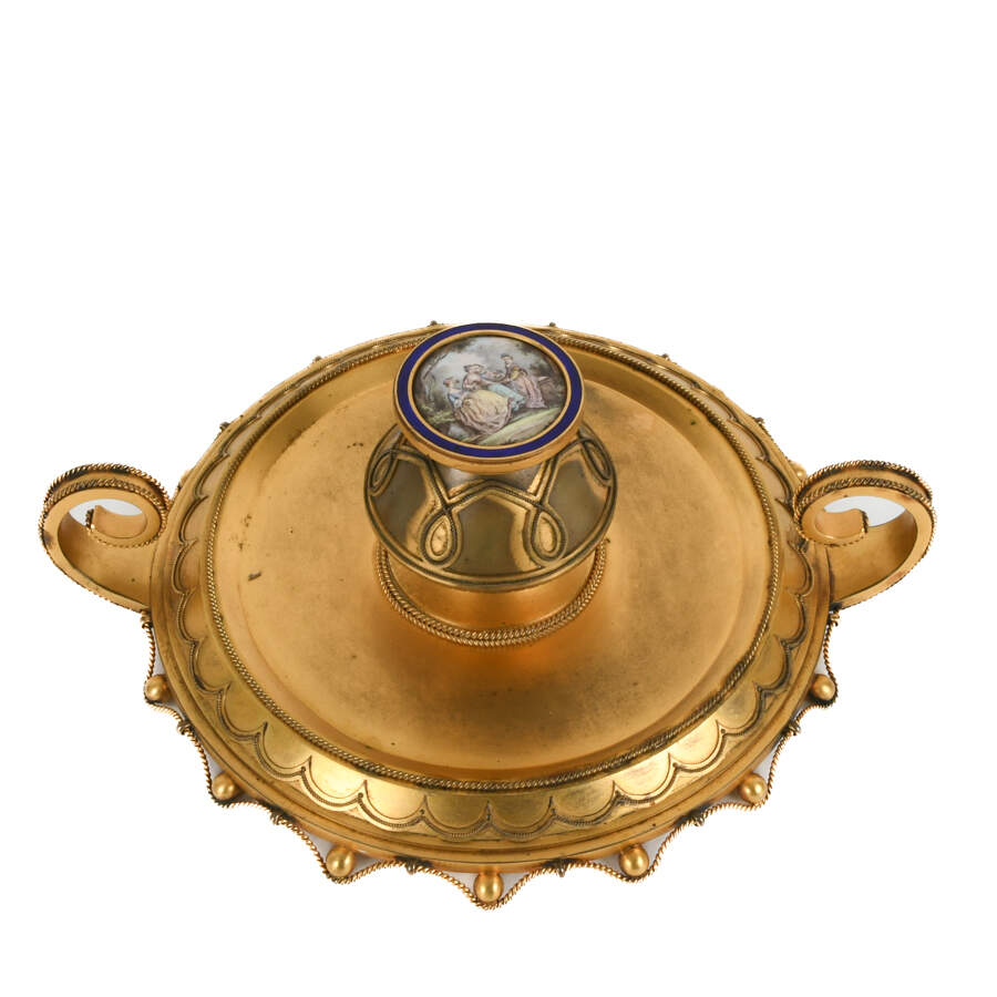 Antique French Gilt Inkwell with Hand-Painted Inset Porcelain Medallion-5