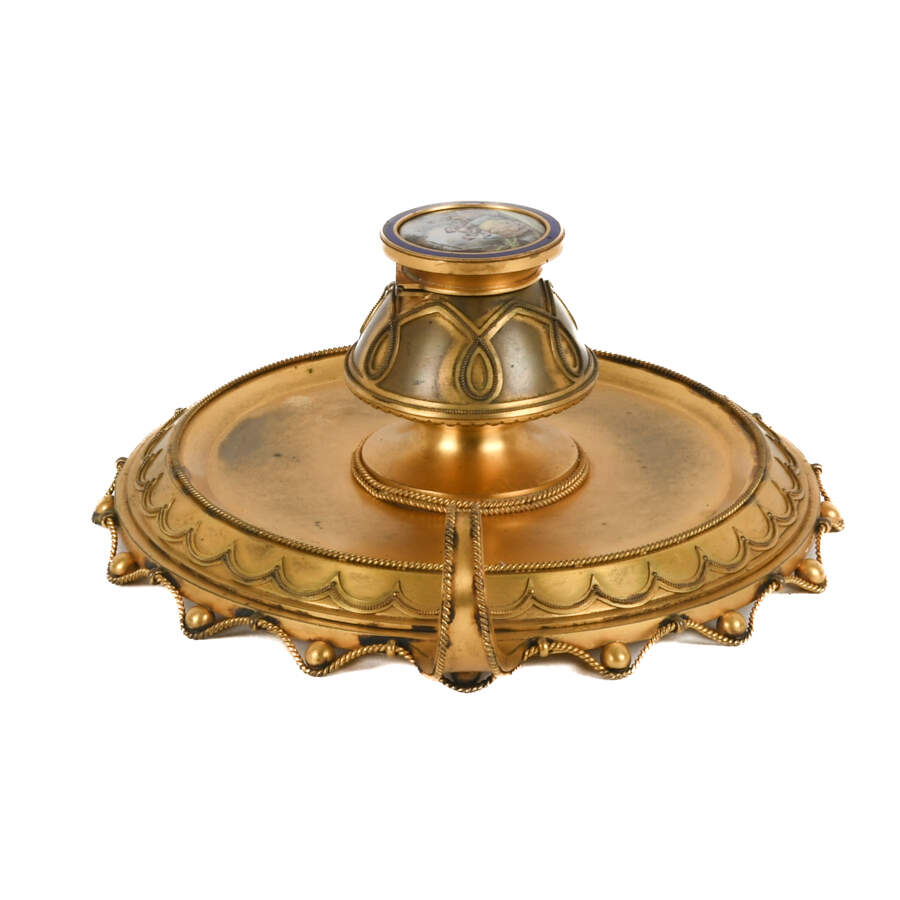 Antique French Gilt Inkwell with Hand-Painted Inset Porcelain Medallion-2