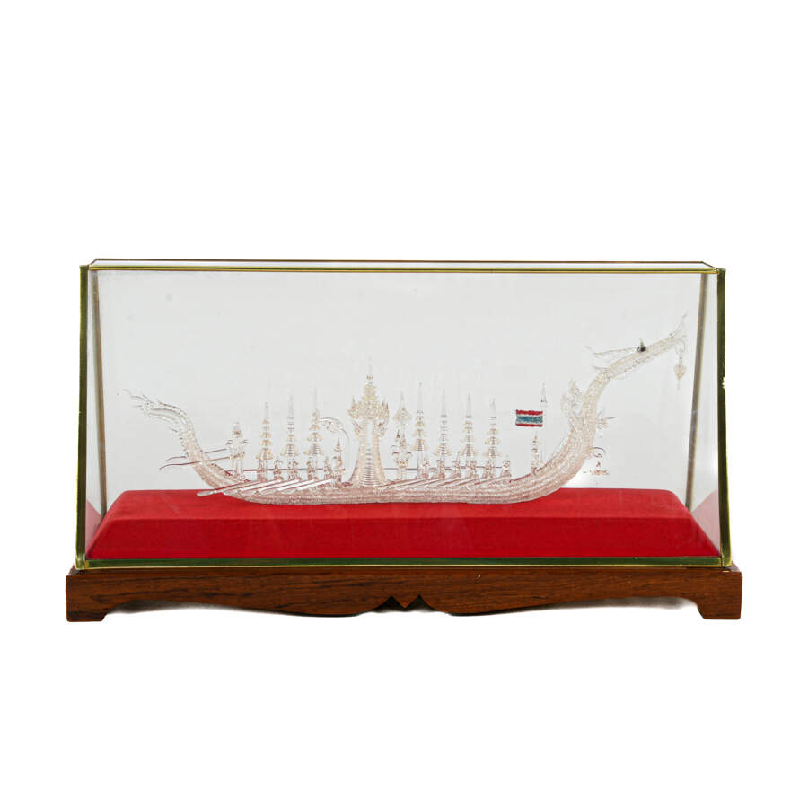 Chinese Spun Glass Royal Dragon Boat in Red Lined Case-3