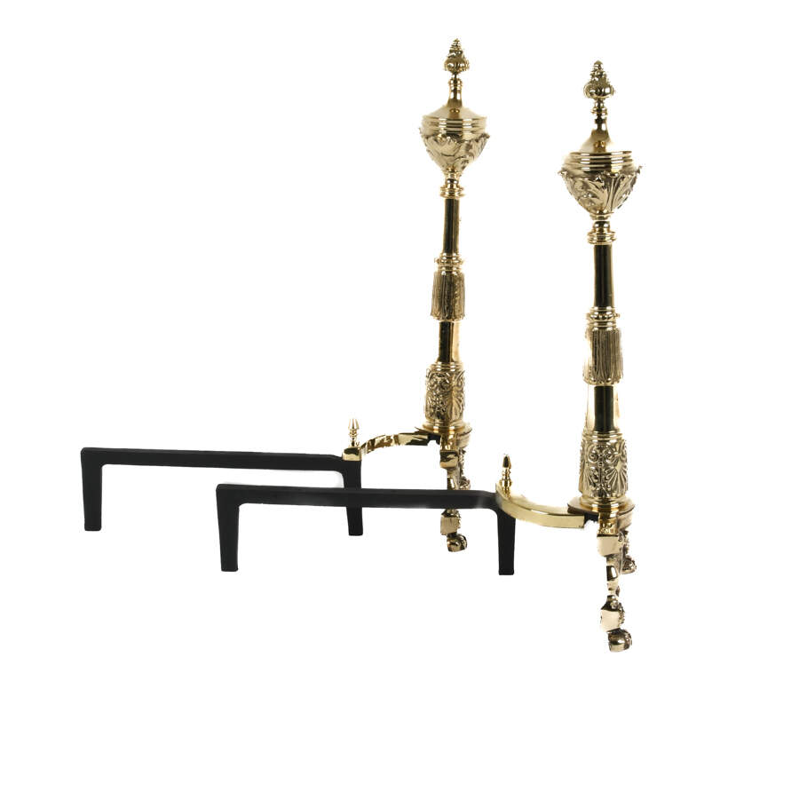 Antique French Pair of Brass Classical Footed Andirons-4