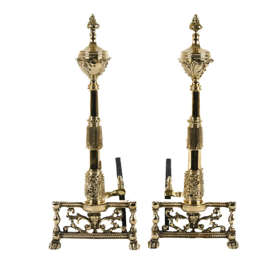 Antique French Pair of Brass Classical Footed Andirons-1