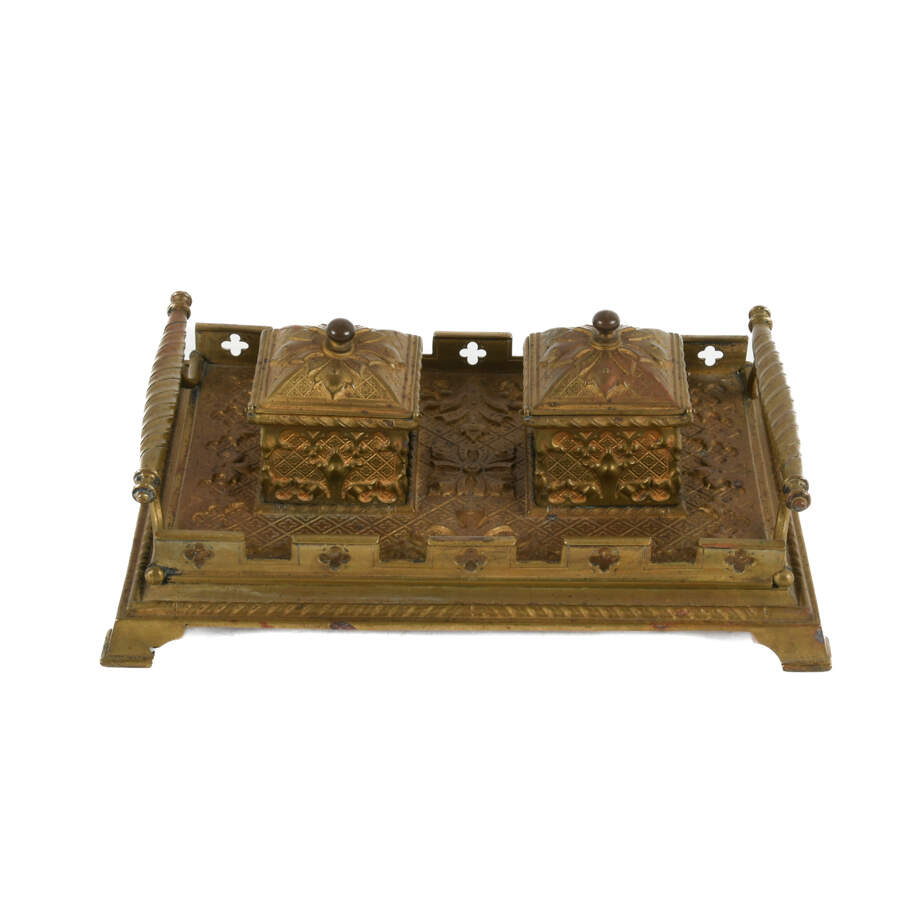 Antique 1860s Gothic Revival Brass Double Inkwell-4
