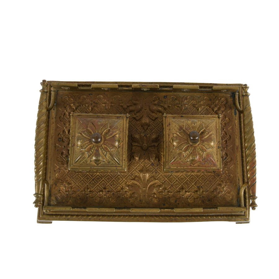 Antique 1860s Gothic Revival Brass Double Inkwell-2
