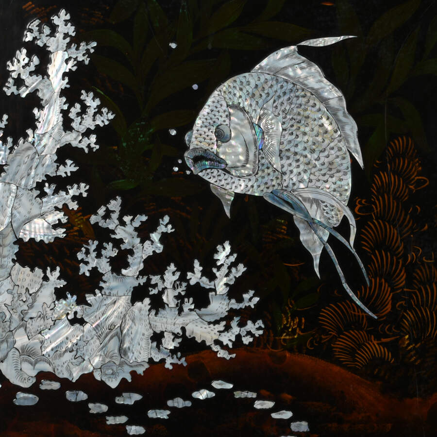 Pair of Black Lacquer Mother of Pearl Inlaid Koi Pond Wall Panels-5