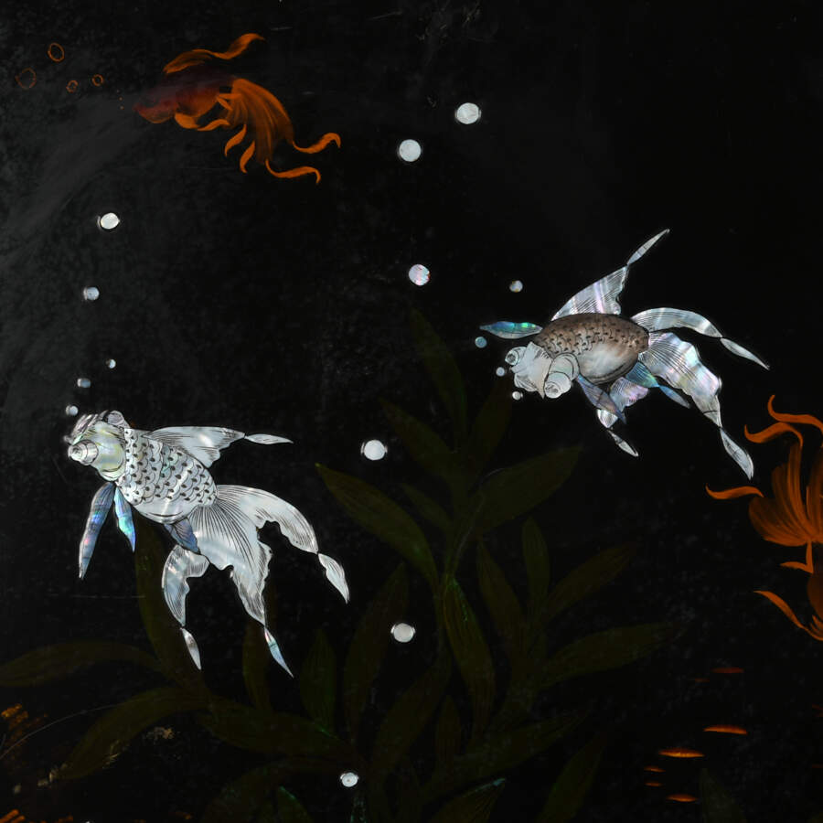 Pair of Black Lacquer Mother of Pearl Inlaid Koi Pond Wall Panels-4